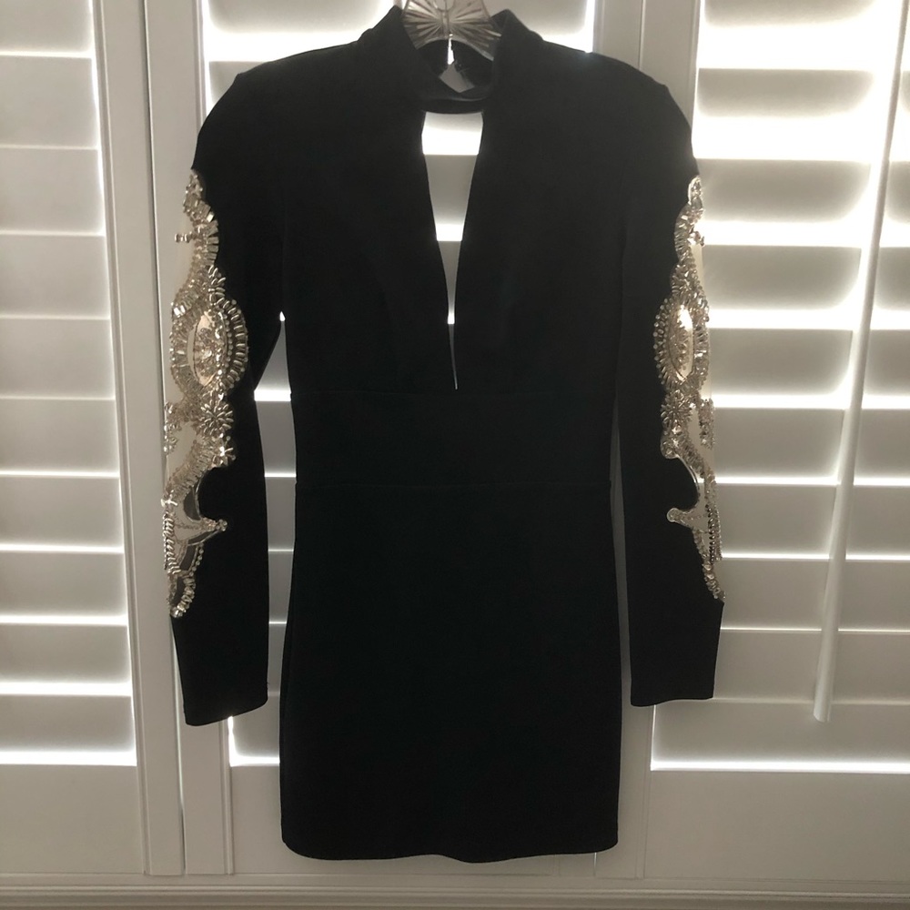 Bebe Embellished Plunging Neck Dress